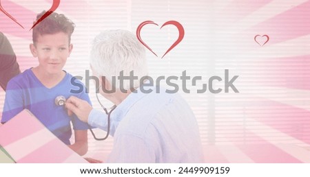Image of hearts falling over caucasian man and his son with male doctor. fashion and lifestyle concept digitally generated image.