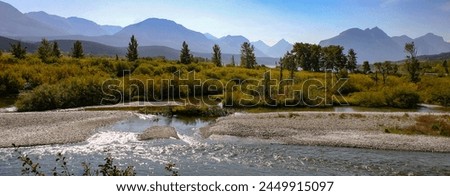 Photograph of beatiful fall scene with flowing stream, colorful brush and evergreens backed by a horizon of blue mountains in glacier park in montana