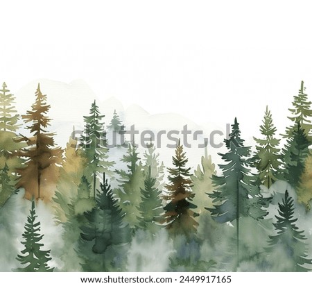 Watercolor green pine tree misty forest woods fog illustration art beautiful natural hills greenery scenic landscape