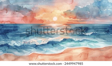 Watercolor beautiful beach art landscape illustration sunset colorful sun reflection ocean water palm tree ocean sea waves peaceful tranquil beach scene