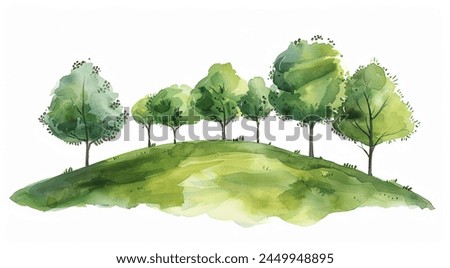 Watercolor green forest hills valley tree fir pine afternoon sunset peaceful calm green tranquil beautiful landscape illustration art background abstract