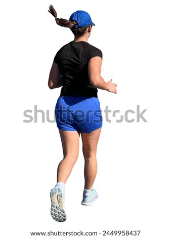 Female runner in blue shorts and cap running in competition. Sports training for weight loss. Jogging for a healthy lifestyle. Back view of cut out girl on white background for 3d renders