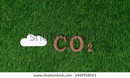 Arranged wooden alphabet text in CO2 on biophilic background with gases or cloud icon as eco symbol for encouraging message for carbon credit reduction campaign and environmental awareness. Gyre