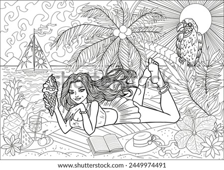 Coloring page with young beautiful woman with book and cocktail drink on vacation on beach against tropical nature and seascape. Summer background, travel concept, line art. 