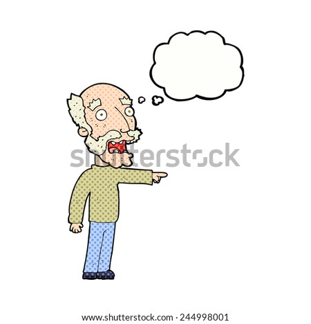 cartoon scared old man pointing with thought bubble