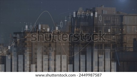 Image of financial data processing over cityscape. global finances, computing and digital interface concept digitally generated image.