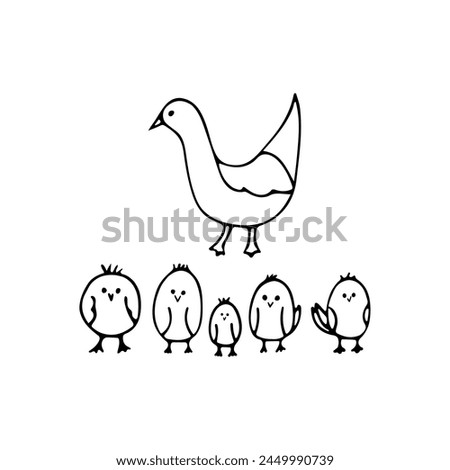 Cute chickens with mother hen for easter design. Black line doodle little birds. Hand drawn clip art illustration in doodle style for poster, banner, print, greeting card. Isolated on white back.