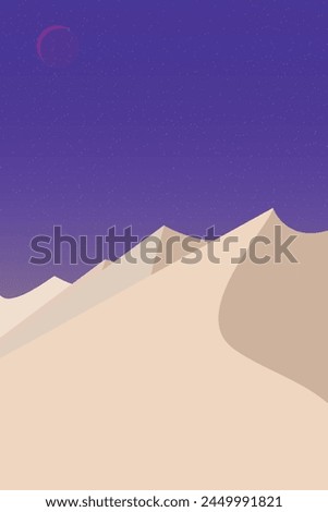  Landscape of sand hot desert and sky. Outdoor panorama on wild summer dune. Night view.