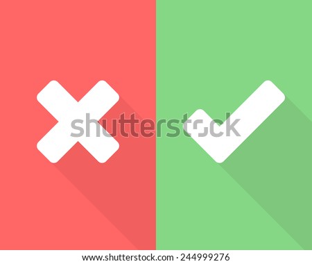 Wrong and right check mark flat icons with long shadow