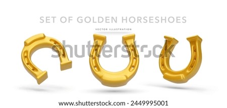 Set of 3d realistic golden horseshoes isolated on white background. Vector illustration