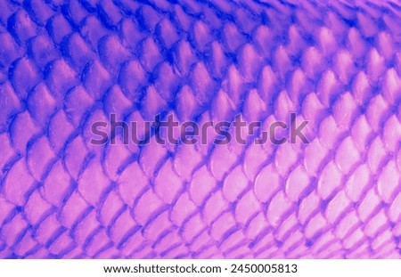 Fish scale, snake skin texture background. Scaly dragon background. Abstract pattern of fish scale scallop. Mermaid scales purple blue violet glossy shine