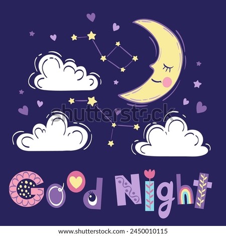 Half-moon slipping among fluffy clouds and short phrase good night. Vector hand drawn illustration