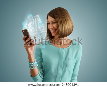 Pretty modern woman using her smartphone and virtual interface to communicate. Modern technology, internet and social media concept