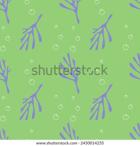  Sea pattern with corals and air bubbles, ocean marine green background.