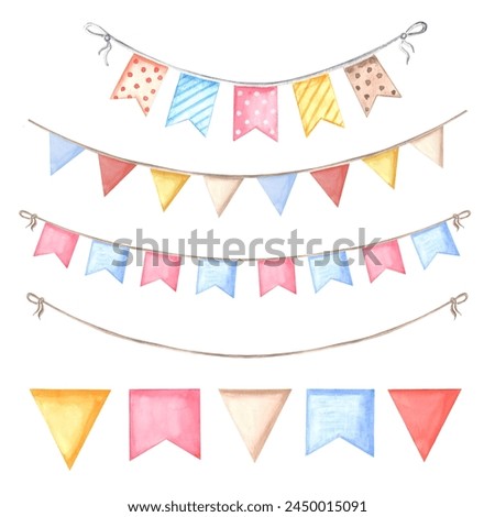 Flags and pennants Watercolor illustrations set. Cute festive hanging garlands colorful. Template of holiday decoration. Isolated hand drawn clip art for card, wrapper, birthday, print, scrapbooking.