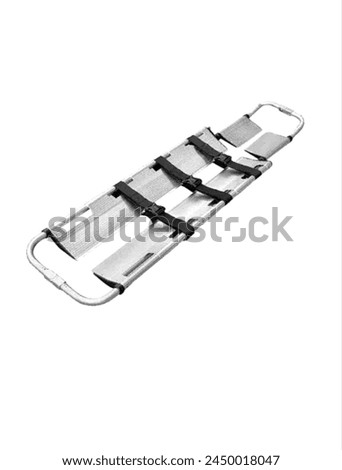 Medical equipment. Scoop stretcher is used specifically to move injured people. It has a curved handle, the base is slightly concave and has an iron base. 