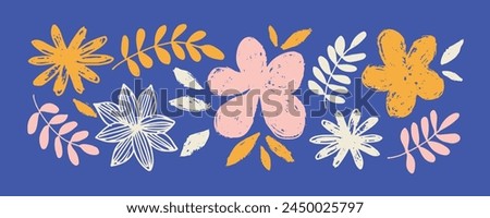 Spring flowers hand drawn vector set. olor brush flower silhouettes. Ink drawing wild plants, herbs or flowers, monochrome botanical illustration. Roses, peonies, chrysanthemums isolated cliparts. Royalty-Free Stock Photo #2450025797