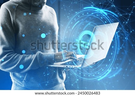 Side view of headless hacker holding laptop computer with creative round euro sign on blurry blue polygonal background. Crypto, hacking, online banking, digital transformation and finance concept