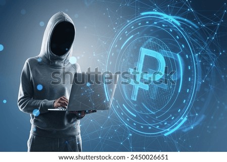 Side view of hacker holding laptop computer with creative round ruble sign on blurry blue polygonal background. Crypto, hacking, online banking, digital transformation and finance concept