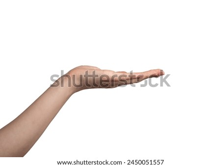 Hand palm stretching out, offering, showing gesture, isolated on white background.