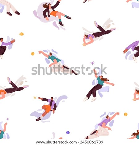 Inspiration concept. Calm men and women soaring around stars, planet in space endless background. Repeatable pattern of people flying in cosmos, move in zero gravity. Flat seamless vector illustration Royalty-Free Stock Photo #2450061739