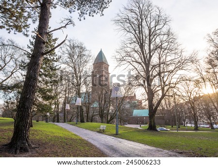 Vasa Church (Vasakyrkan) in Gothenburg and beautiful park in winter sunny day, Sweden  Royalty-Free Stock Photo #245006233