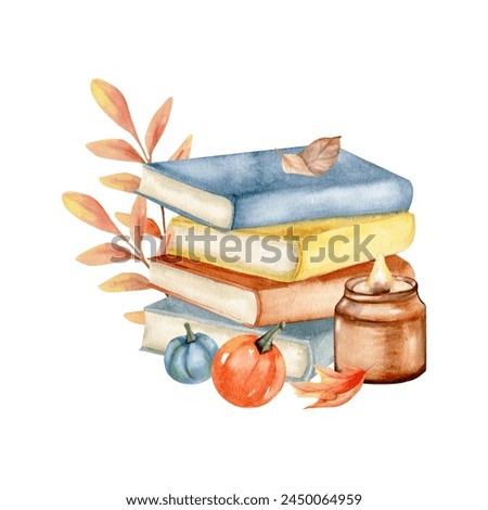 Fall cozy clip art with books, candle, small decorative pumpkins and orange leaves. Hand drawn warm autumn illustrations, home decor.