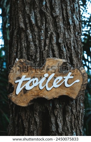 The TOILET marker is made of wood attached to a pine tree. TOILET written at the entrance. abstract photo of toilet markers at tourist attractions