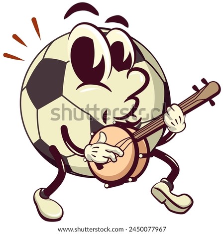 football soccer ball cartoon vector isolated clip art illustration mascot playing a banjo musical instrument, vector work of hand drawn