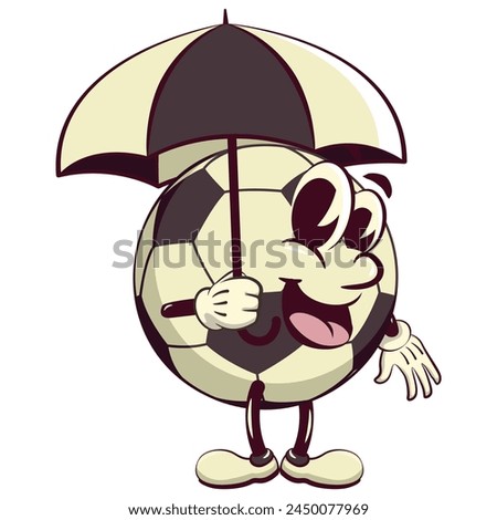 football soccer ball cartoon vector isolated clip art illustration mascot with umbrella, vector work of hand drawn