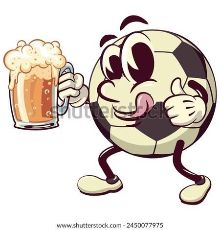 football soccer ball cartoon vector isolated clip art illustration mascot raising a large beer glass while giving a thumbs up, vector work of hand drawn