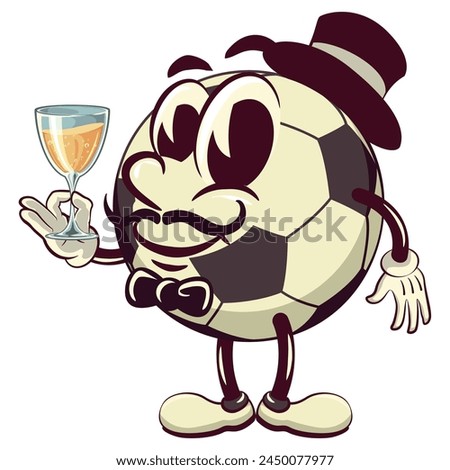 football soccer ball cartoon vector isolated clip art illustration mascot in a hat and bow tie raising a wine glass, vector work of hand drawn