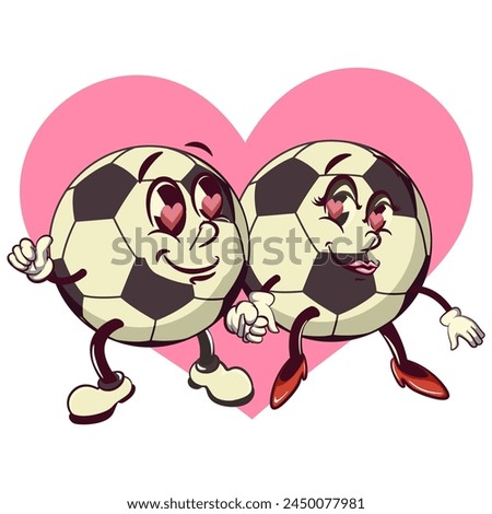 couple football soccer balls cartoon vector isolated clip art illustration mascot love each other and holding hands, vector work of hand drawn