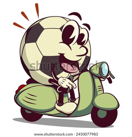 football soccer ball cartoon vector isolated clip art illustration mascot riding a scooter, vector work of hand drawn