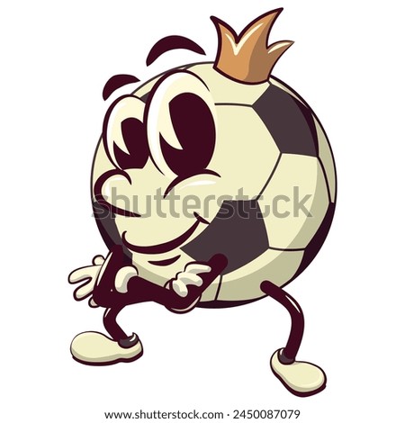 football soccer ball cartoon vector isolated clip art illustration mascot with a king's crown folding his arms calmly, vector work of hand drawn