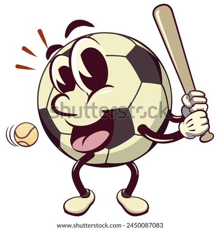 football soccer ball cartoon vector isolated clip art illustration mascot ready to hit with a baseball bat, vector work of hand drawn