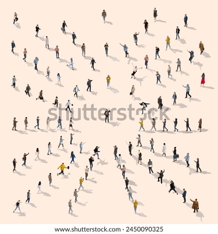 Aerial view of people walking in direction of center where one individual standing and talking in megaphone. Leadership and guidance. Concept of business, social relations, communication Royalty-Free Stock Photo #2450090325