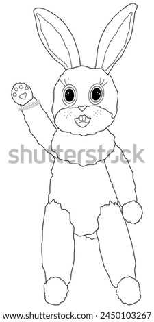White anthropomorphic Easter hare waving his paw. Childrens coloring books. Vector contour drawing