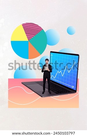 Vertical collage picture of mini elegant guy use tablet stand huge laptop growing graphic display diagram stats chart