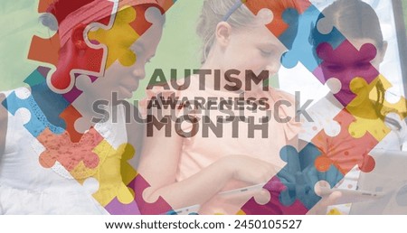 Image of autism awareness month text over diverse schoolchildren. Autism awareness month and digital interface concept digitally generated image. Royalty-Free Stock Photo #2450105527