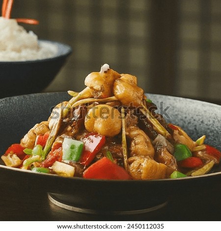 Stir fry noodles with vegetables and shrimps in bowl. Slate background. Top view. Copy space and some Chinese food.
