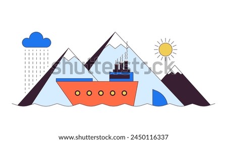Vessel sailing past mountains 2D linear cartoon objects. Travelling by water. Tourist ship on exotic cruise isolated line vector elements white background. Sea vacation color flat spot illustration