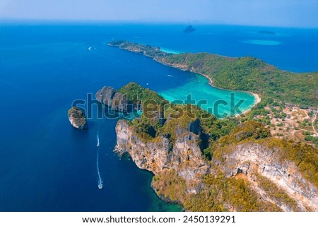 Landscape of Nui beach in koh Phi Phi Don island Krabi, Thailand, Aerial top view.