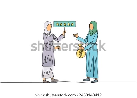 Continuous one line drawing two Arabian women standing opposite each other. One woman carry money bag, the other carry rating board with 5 star. Buy and selling reviews. Single line draw design vector