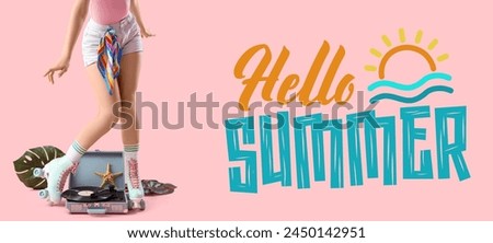 Young woman in roller skates and with music record player on pink background. Hello Summer