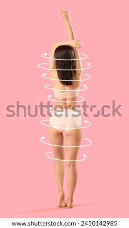 Beautiful young woman in underwear on pink background, back view. Diet concept
