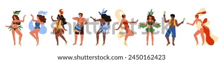 Dancers of Brazilian carnival set. Happy people in festival burlesque costumes and plumage dancing at night party in Brazil, celebration and Latin dance of man and woman cartoon vector illustration Royalty-Free Stock Photo #2450162423