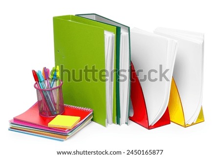Bright office folders and different stationery isolated on white