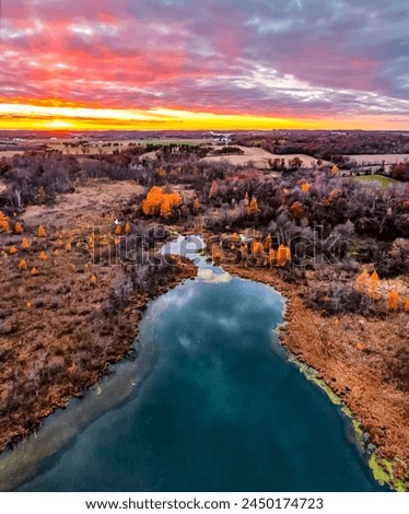 Breathtaking Sunset Over Serene Lake, Autumn Foliage, Aerial View, Nature’s Beauty, Vibrant Colors, Tranquil Scene, Wilderness Exploration, Travel Destination, Natural Landscape Photography, Wall Art,