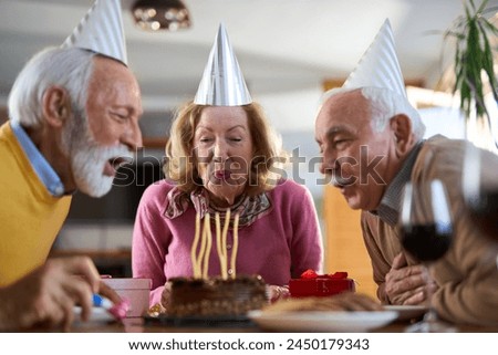 Group of mature friends blowing candles on a Birthday cake during a party at home	